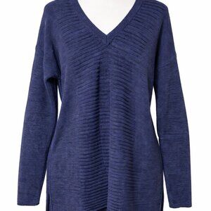 Ellen Tracy Navy Ribbed V-Neck Sweater Women’s Soft Stretch Long Sleeve Classic